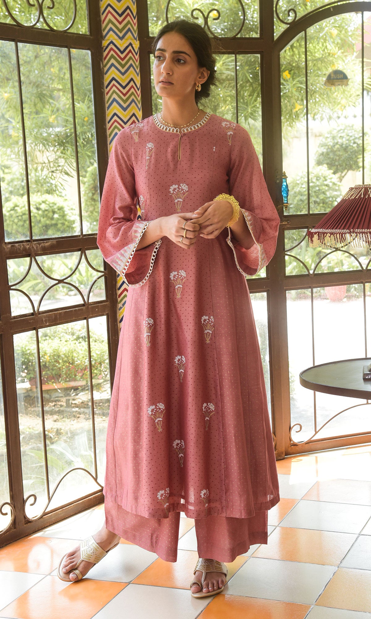 Saanjh Pink blockprinted Anarkali with dot palazzo and dupatta- Set of ...