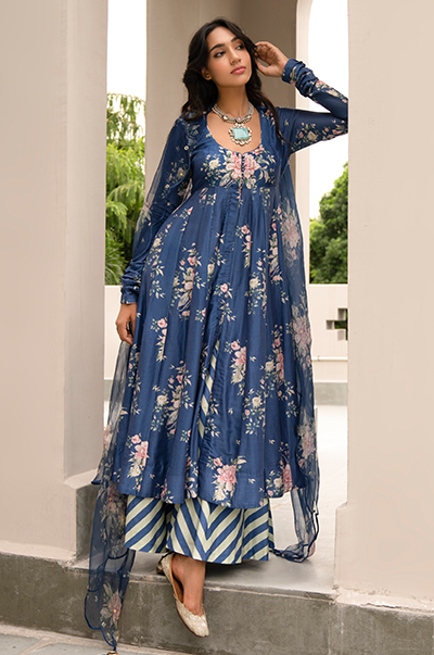 Falak Blue Front Open Floral Anarkali with Palazzo and Dupatta- Set of ...