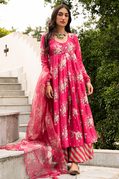 Falak Rani Pink Front Open Floral Anarkali with Palazzo and Dupatta- S ...