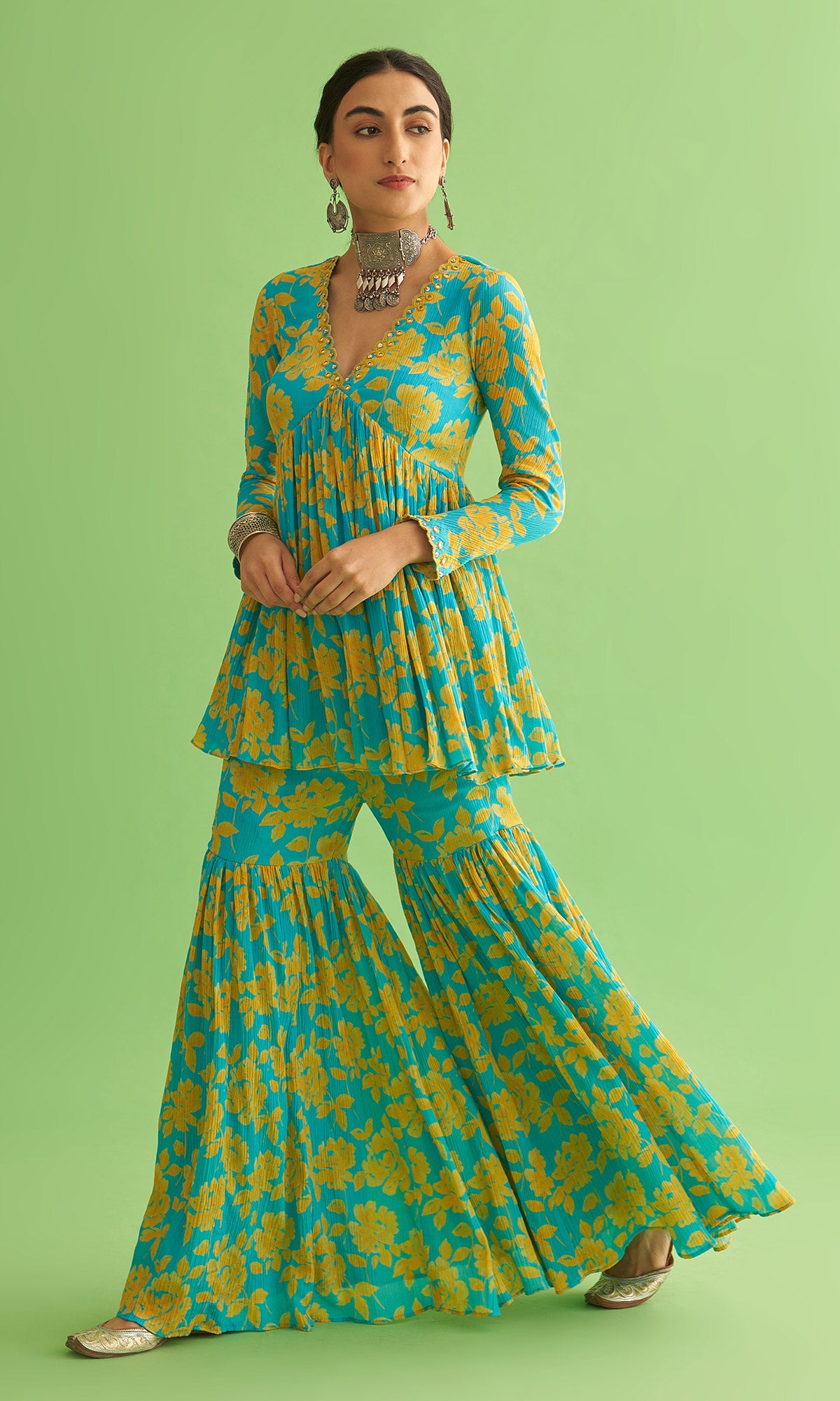 Soraya Floral Turquoise Sharara Set Of 3 – Ridhiiee Suuri
