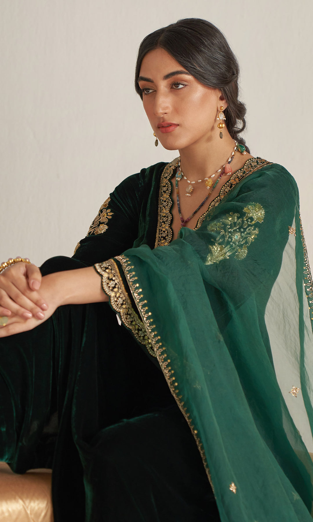Khizaan Embroidered Emerald Green V Neck velvet Anarkali set with orga ...