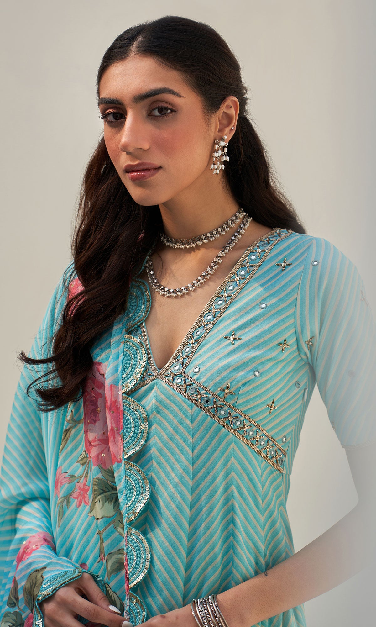 Noor-E-Bagh Turqoise -V-Neck Embroidered Anarkali Set With Floral Dupa ...